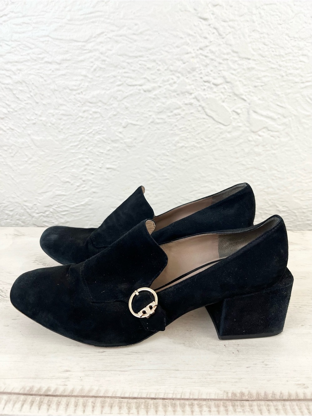 Tory Burch Black Suede Leather Loafers Block Heel Gold Logo 11